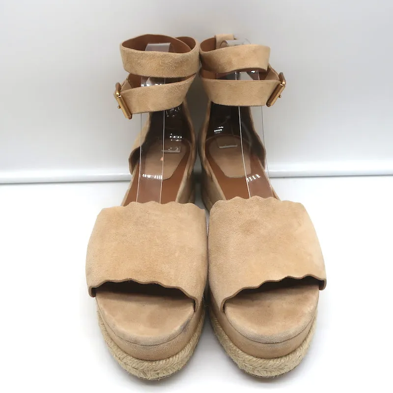 Chloe Lauren Ankle Strap Platform Espadrille Wedge Sandals Beige Suede Size 41