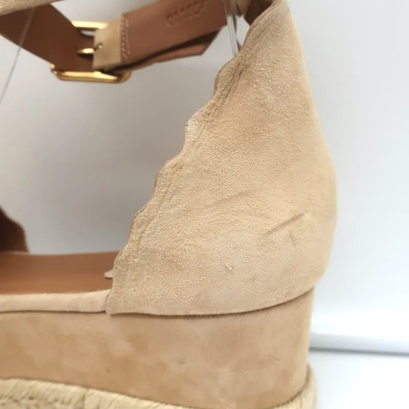 Chloe Lauren Ankle Strap Platform Espadrille Wedge Sandals Beige Suede Size 41