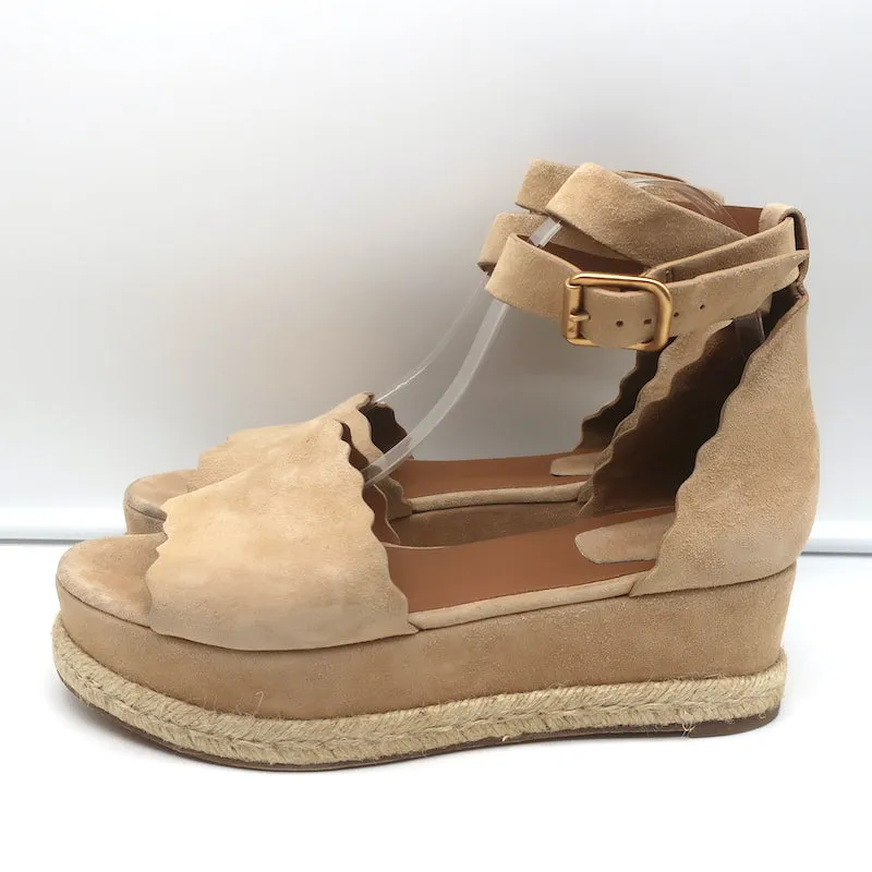 Chloe Lauren Ankle Strap Platform Espadrille Wedge Sandals Beige Suede Size 41