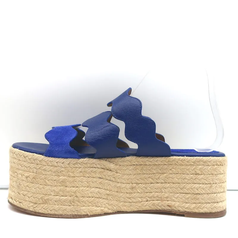 Chloe Lauren Platform Espadrille Wedge Sandals Blue Leather & Suede Size 40 NEW