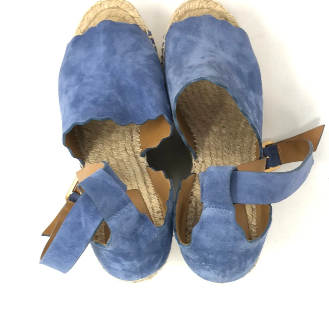CHLOE Peep Toe Ankle Strap Blue Suede Wedge Espadrilles