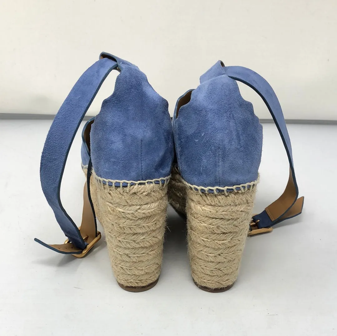 CHLOE Peep Toe Ankle Strap Blue Suede Wedge Espadrilles