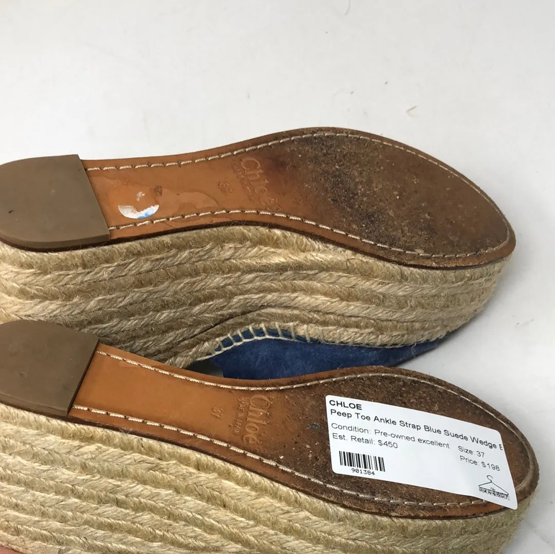 CHLOE Peep Toe Ankle Strap Blue Suede Wedge Espadrilles