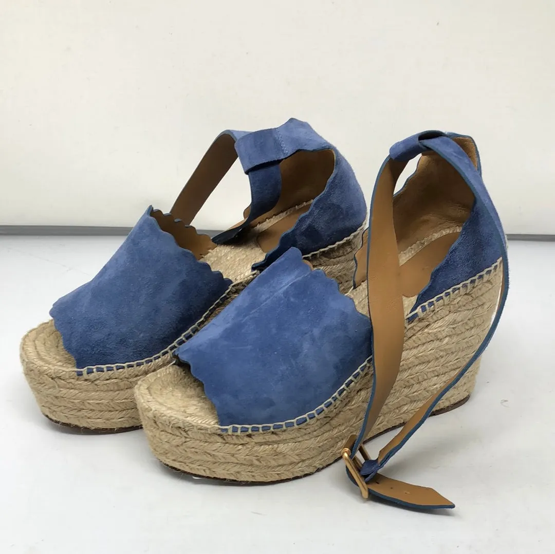 CHLOE Peep Toe Ankle Strap Blue Suede Wedge Espadrilles