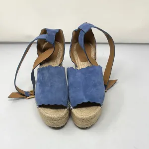 CHLOE Peep Toe Ankle Strap Blue Suede Wedge Espadrilles