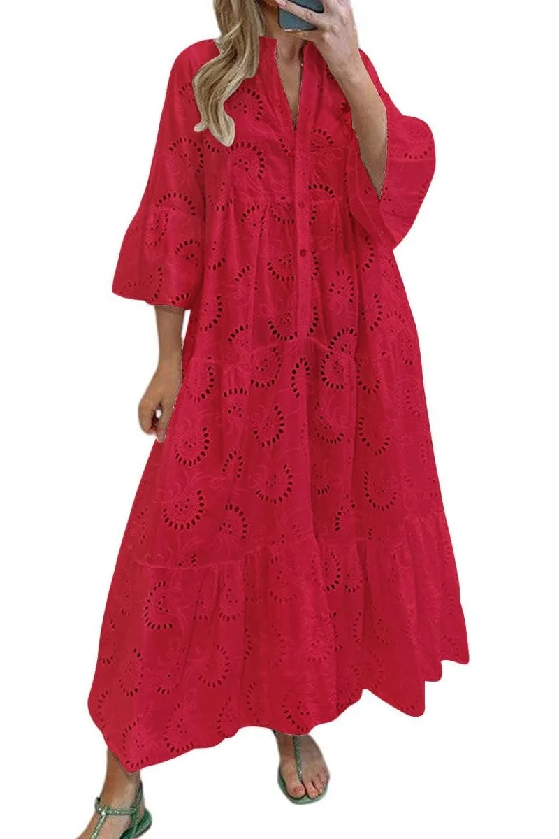 Chouyatou Women's 2025 Lace Eyelet Embroidery Maxi Dress V-Neck Trumpet Sleeve Boho Flowy Swing Dress