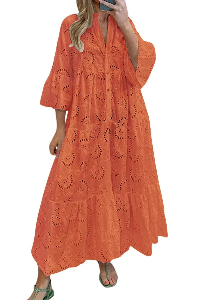 Chouyatou Women's 2025 Lace Eyelet Embroidery Maxi Dress V-Neck Trumpet Sleeve Boho Flowy Swing Dress