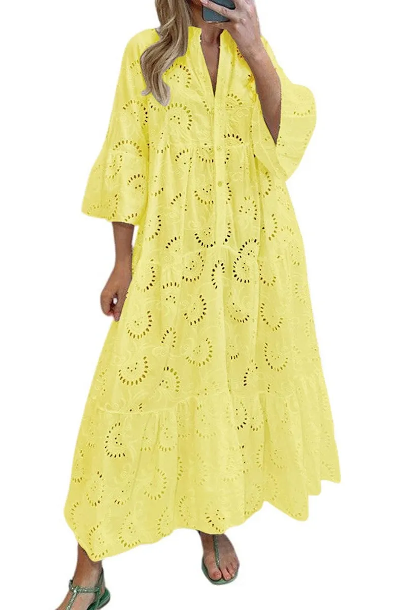 Chouyatou Women's 2025 Lace Eyelet Embroidery Maxi Dress V-Neck Trumpet Sleeve Boho Flowy Swing Dress