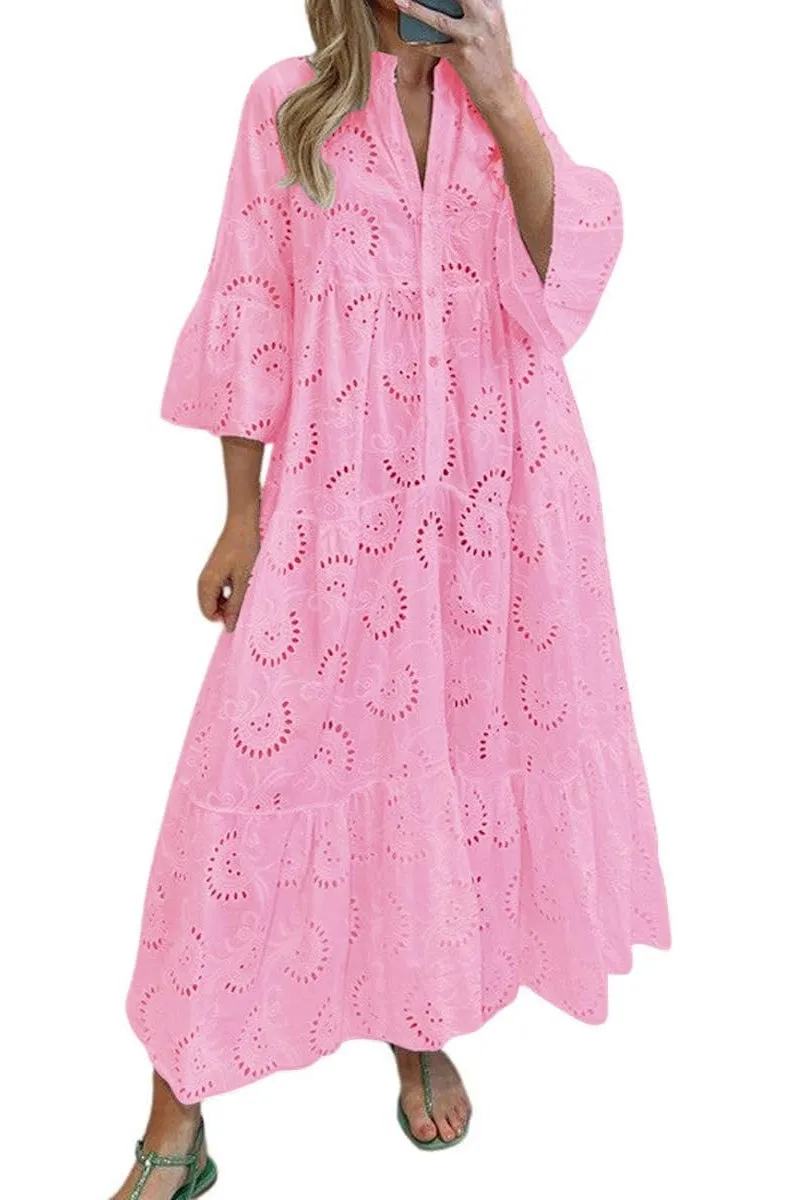 Chouyatou Women's 2025 Lace Eyelet Embroidery Maxi Dress V-Neck Trumpet Sleeve Boho Flowy Swing Dress