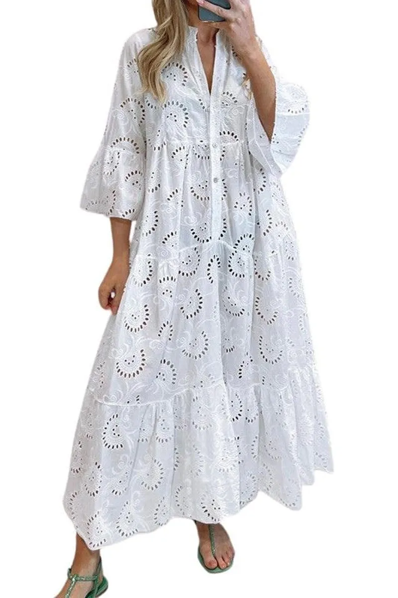 Chouyatou Women's 2025 Lace Eyelet Embroidery Maxi Dress V-Neck Trumpet Sleeve Boho Flowy Swing Dress