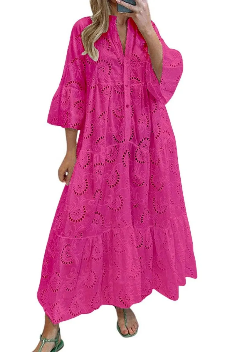 Chouyatou Women's 2025 Lace Eyelet Embroidery Maxi Dress V-Neck Trumpet Sleeve Boho Flowy Swing Dress