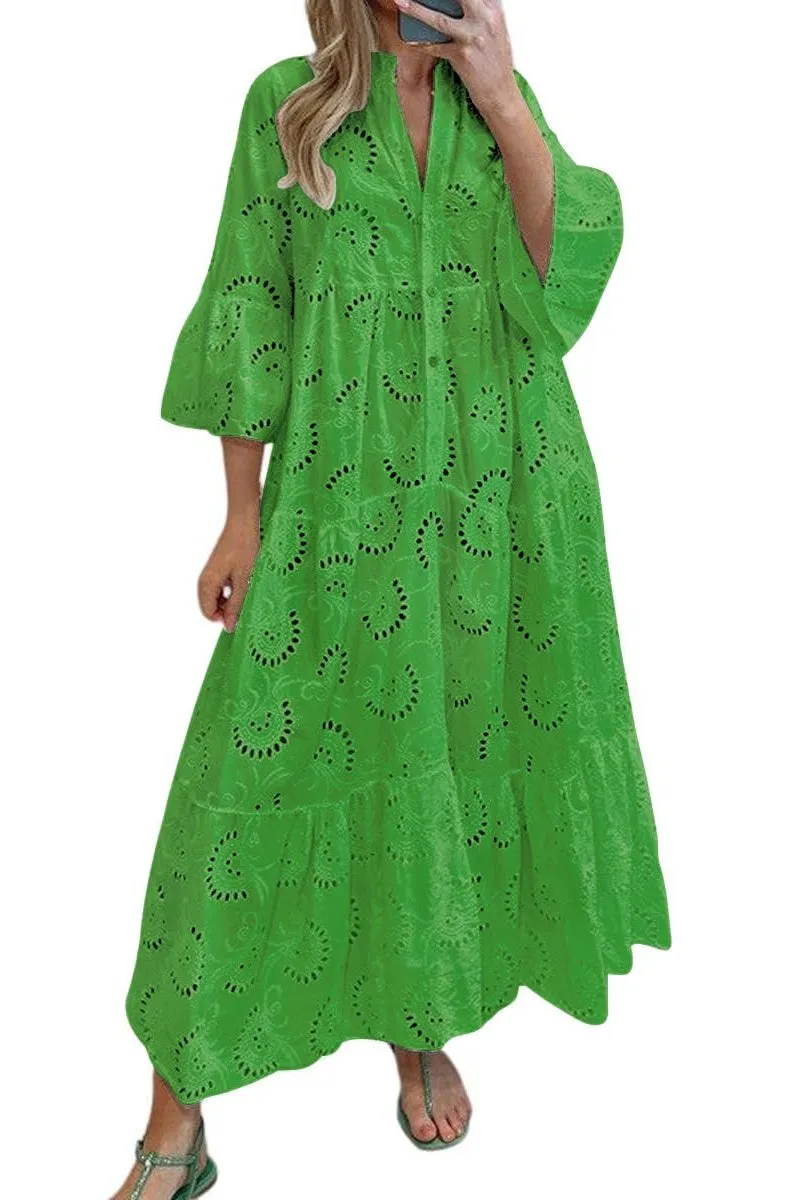 Chouyatou Women's 2025 Lace Eyelet Embroidery Maxi Dress V-Neck Trumpet Sleeve Boho Flowy Swing Dress