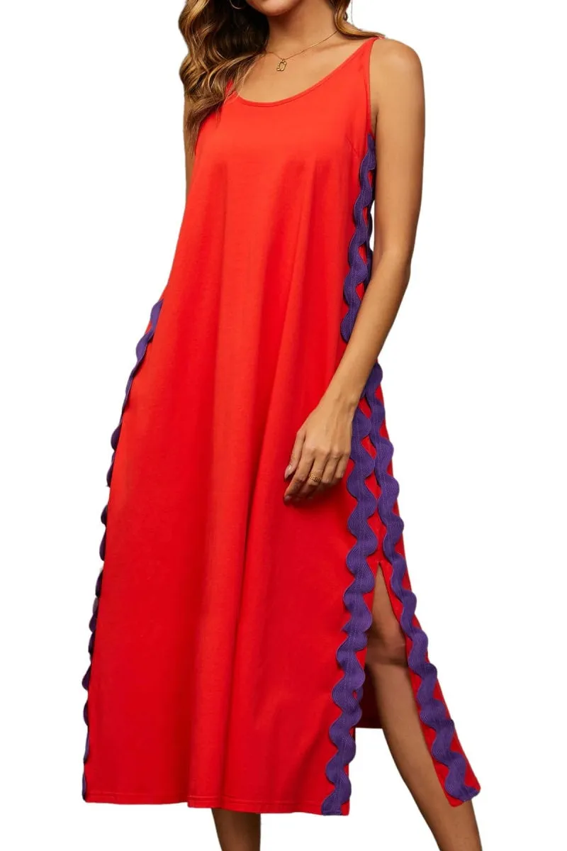 Chouyatou Women's Summer Casual RIC Rac Spaghetti Strap Long Dress Boho Split Sleeveless Beach Sundress