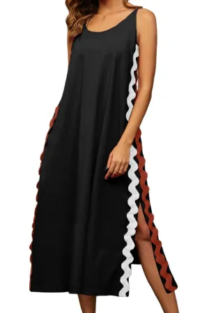 Chouyatou Women's Summer Casual RIC Rac Spaghetti Strap Long Dress Boho Split Sleeveless Beach Sundress