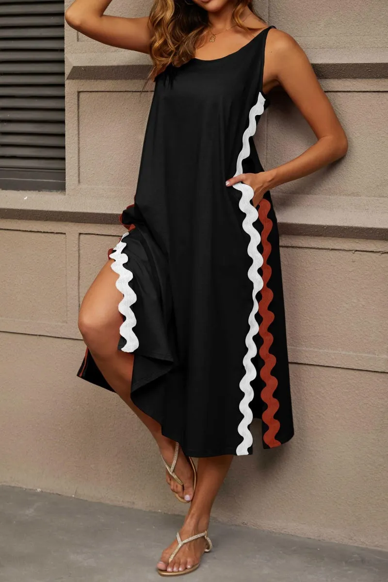 Chouyatou Women's Summer Casual RIC Rac Spaghetti Strap Long Dress Boho Split Sleeveless Beach Sundress