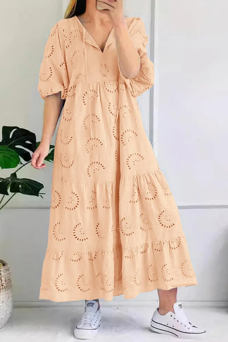 Chouyatou Women's Summer Loose Floral Lace Eyelet Dress Boho Casual Notch Neck Maxi Tunic Beach Dress