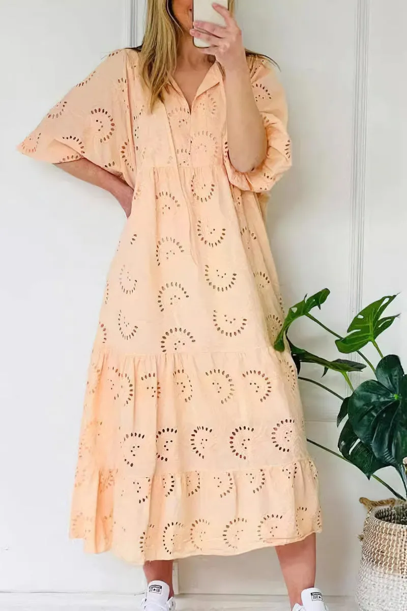 Chouyatou Women's Summer Loose Floral Lace Eyelet Dress Boho Casual Notch Neck Maxi Tunic Beach Dress