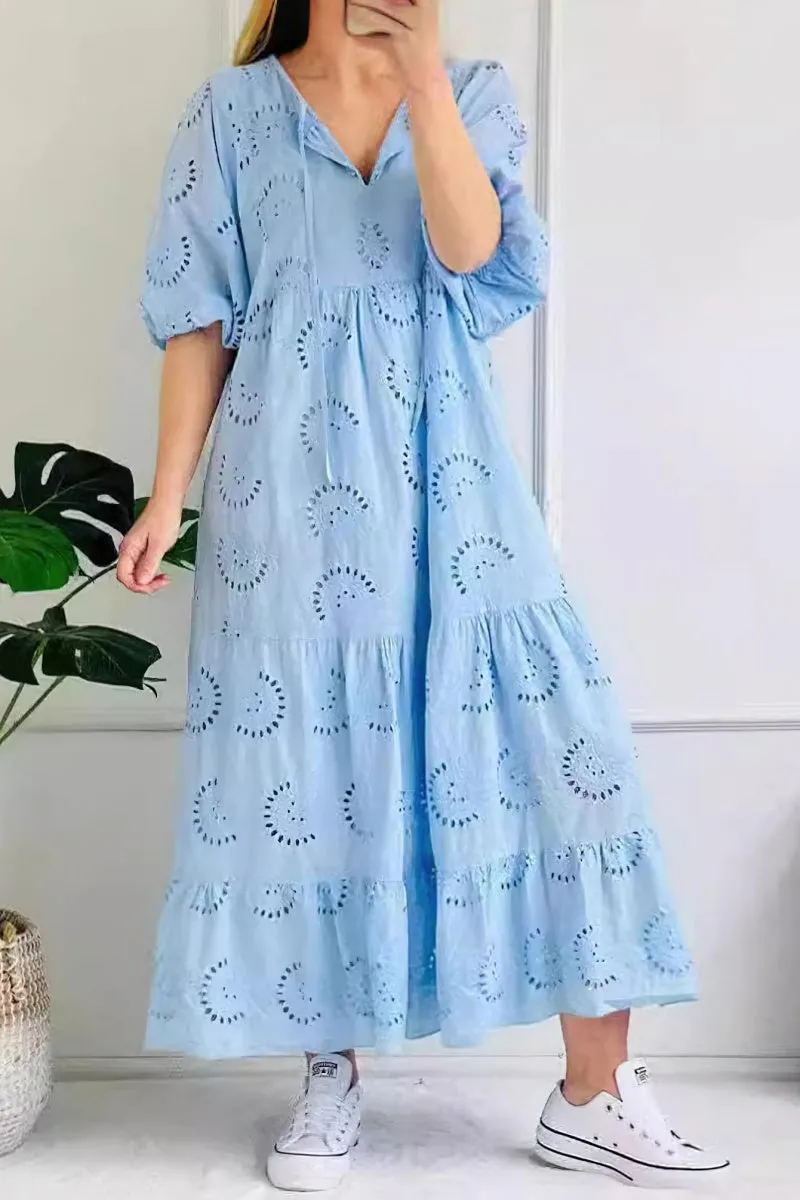 Chouyatou Women's Summer Loose Floral Lace Eyelet Dress Boho Casual Notch Neck Maxi Tunic Beach Dress