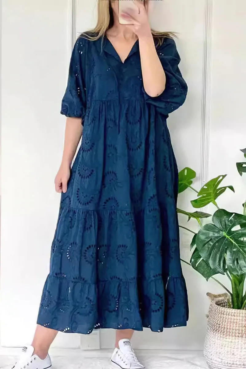 Chouyatou Women's Summer Loose Floral Lace Eyelet Dress Boho Casual Notch Neck Maxi Tunic Beach Dress