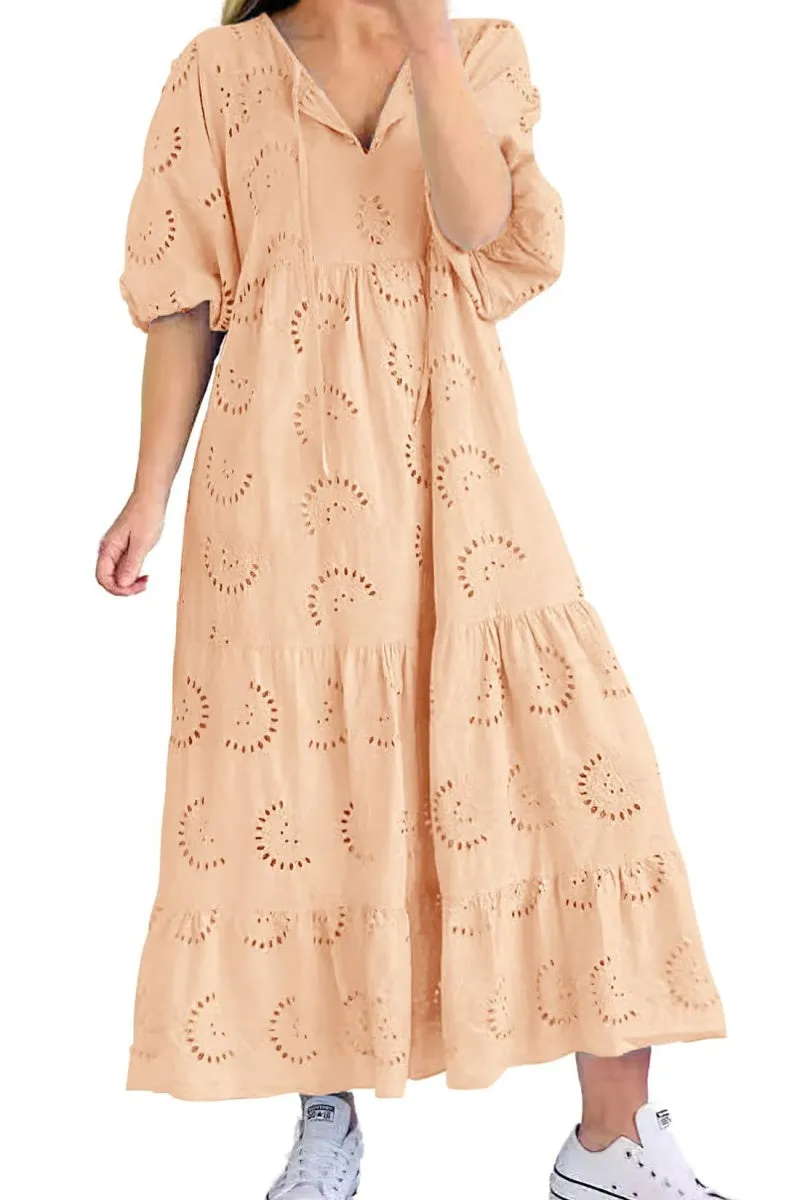 Chouyatou Women's Summer Loose Floral Lace Eyelet Dress Boho Casual Notch Neck Maxi Tunic Beach Dress