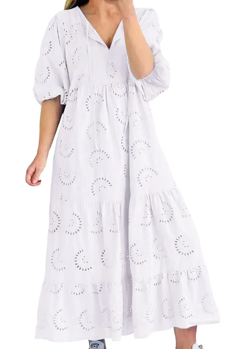 Chouyatou Women's Summer Loose Floral Lace Eyelet Dress Boho Casual Notch Neck Maxi Tunic Beach Dress