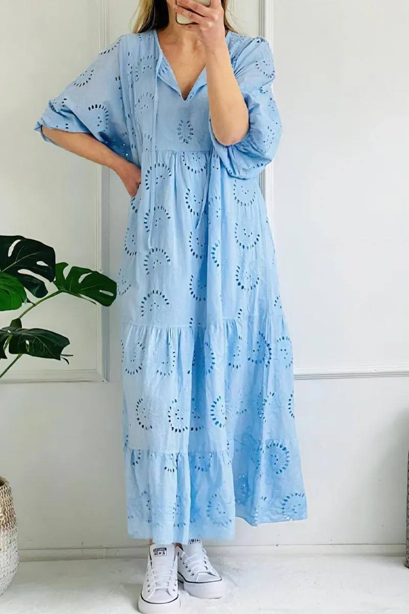 Chouyatou Women's Summer Loose Floral Lace Eyelet Dress Boho Casual Notch Neck Maxi Tunic Beach Dress
