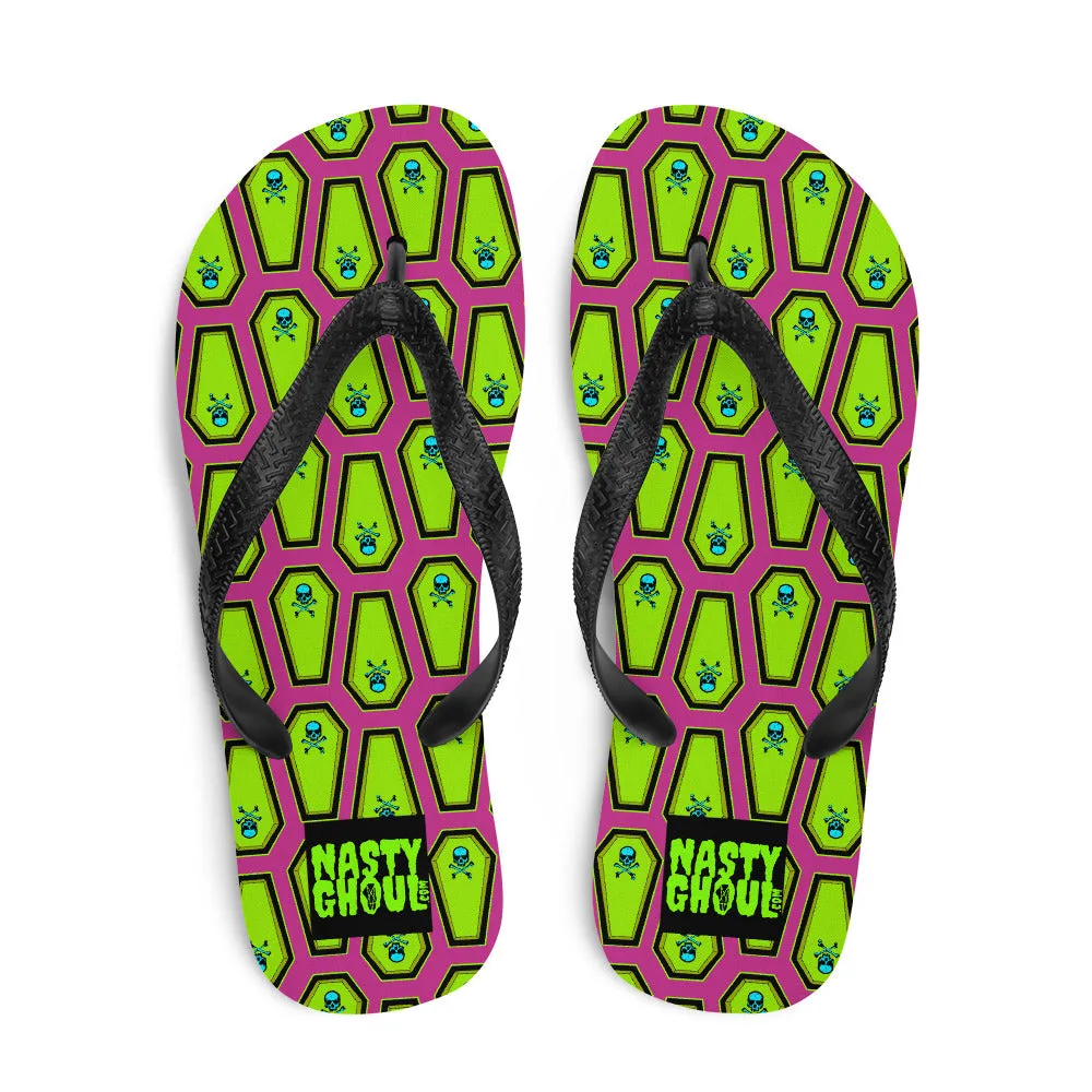 Coffin and Skull Flip-Flops All Over Print / Pink & Neon Green