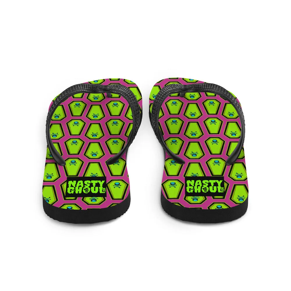 Coffin and Skull Flip-Flops All Over Print / Pink & Neon Green