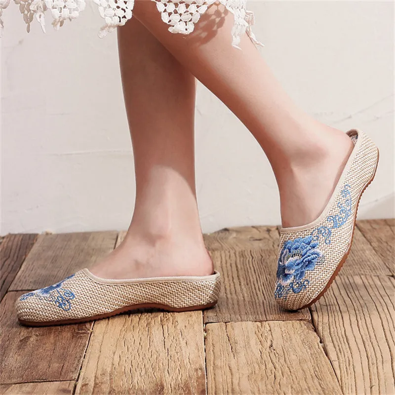 Comfy Embroidered Round Toe Linen Slippers