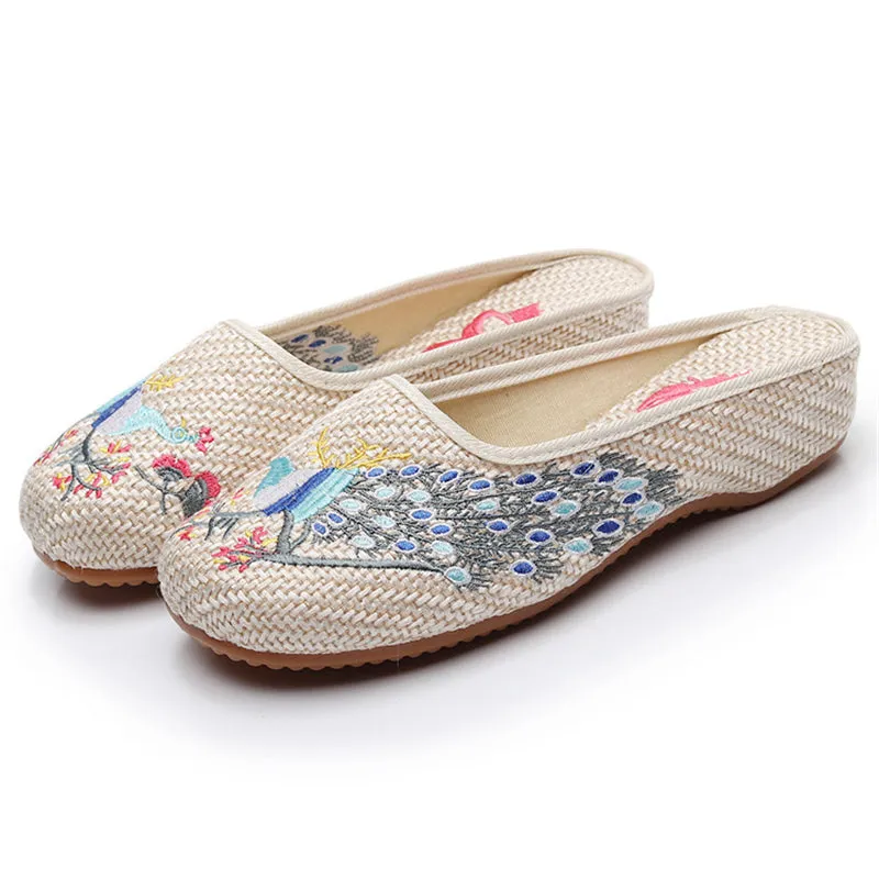 Comfy Embroidered Round Toe Linen Slippers