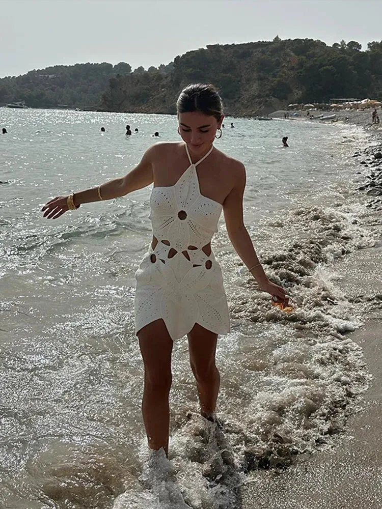 Crochet Cut-Out Mini Dress | Beachwear | Halter Neck