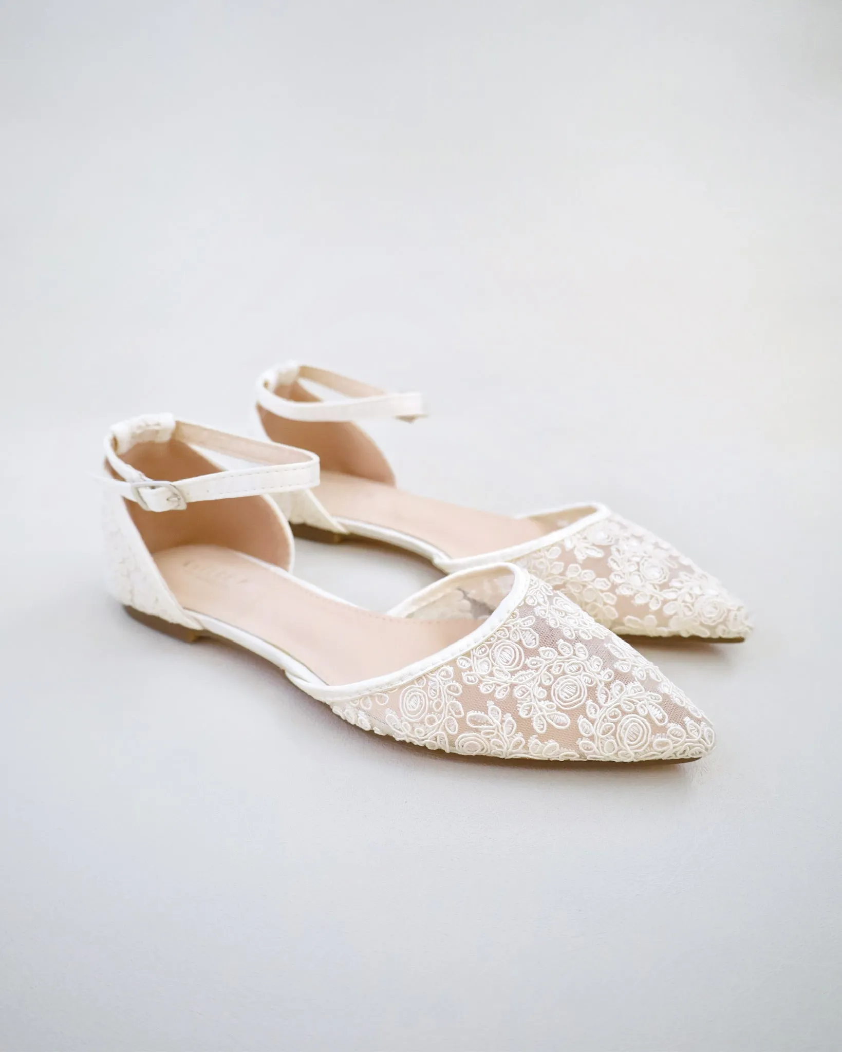 Crochet Lace Pointy Toe Flats with Ankle Strap
