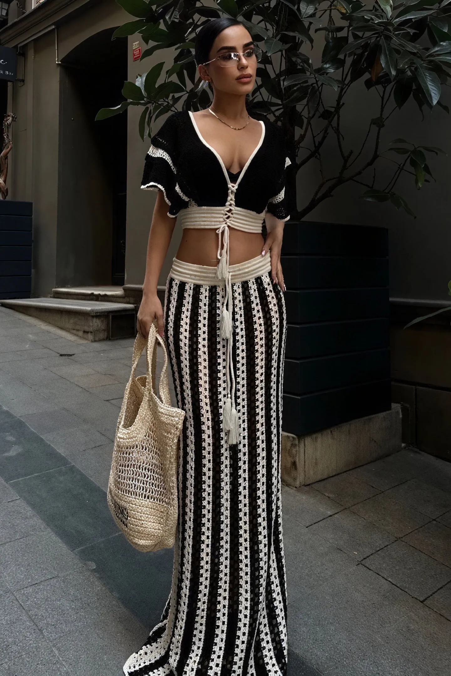 Crochet Two-Piece Set with Trim Detail