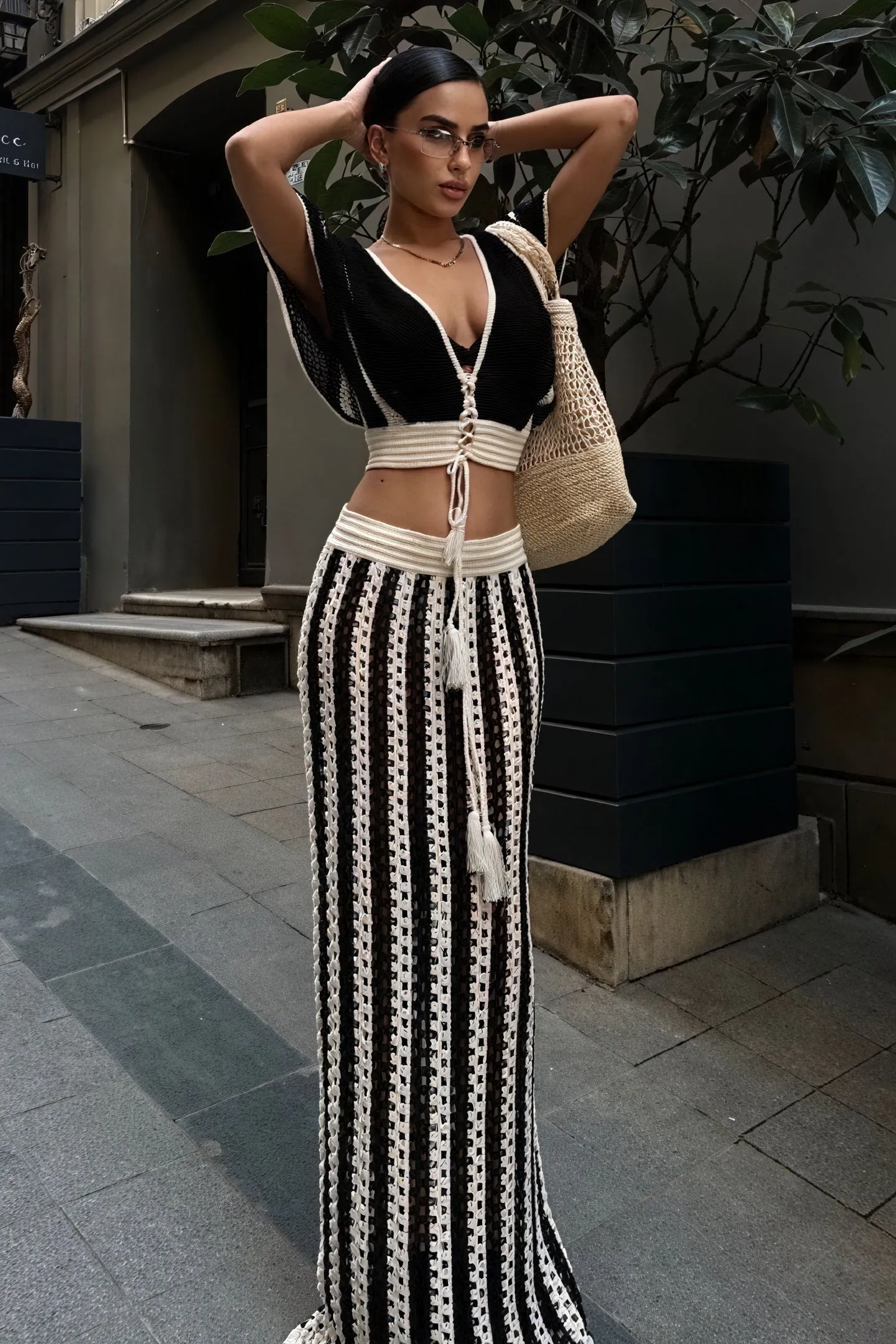 Crochet Two-Piece Set with Trim Detail