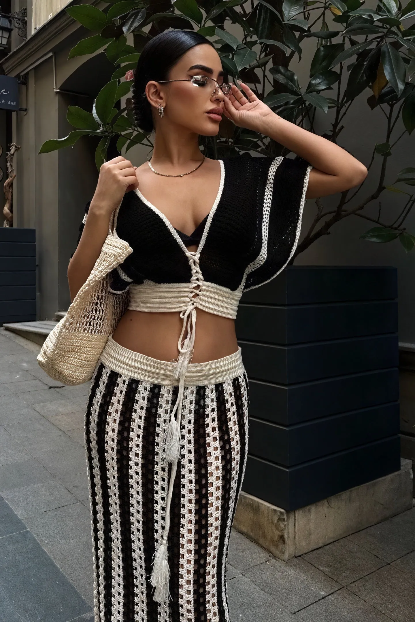 Crochet Two-Piece Set with Trim Detail