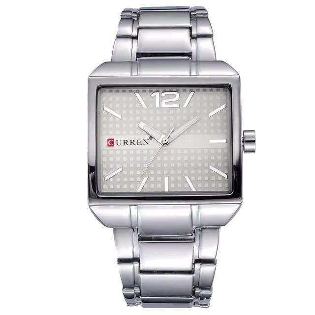 Curren Men's New Fashion Analog Quartz Stainless Steel Waterproof Brand Square Watch - Black/Silver