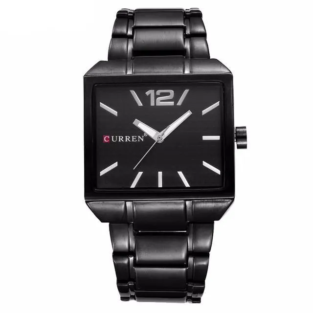 Curren Men's New Fashion Analog Quartz Stainless Steel Waterproof Brand Square Watch - Black/Silver