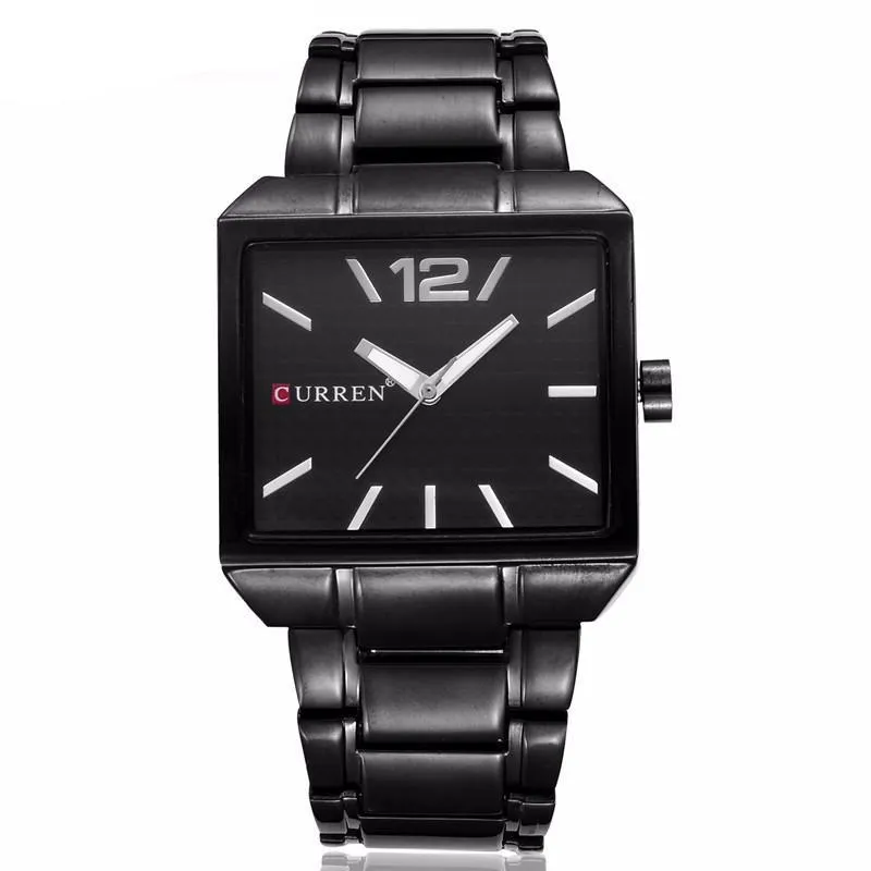 Curren Men's New Fashion Analog Quartz Stainless Steel Waterproof Brand Square Watch - Black/Silver