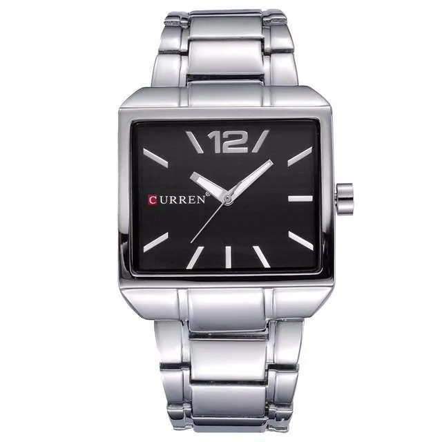 Curren Men's New Fashion Analog Quartz Stainless Steel Waterproof Brand Square Watch - Black/Silver
