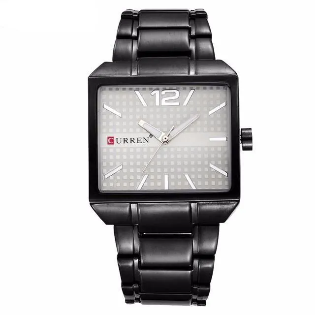 Curren Men's New Fashion Analog Quartz Stainless Steel Waterproof Brand Square Watch - Black/Silver