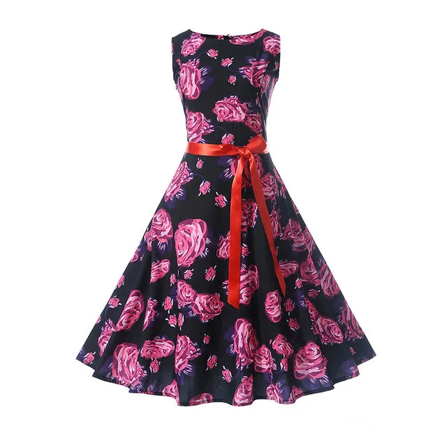 CYAN Women Summer Dress 2018 Casual Floral Print Ball Gown Sleeveless Dress Vintage 50s 60s Party Dresses Female Vestidos 2XL