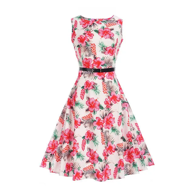 CYAN Women Summer Dress 2018 Casual Floral Print Ball Gown Sleeveless Dress Vintage 50s 60s Party Dresses Female Vestidos 2XL