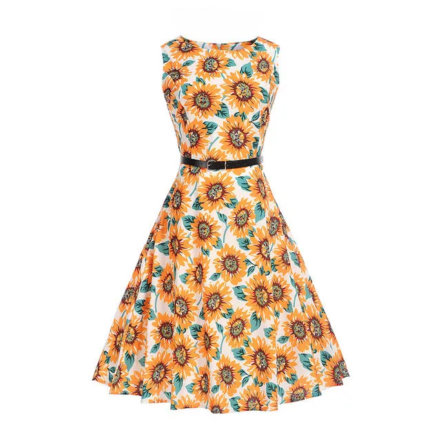 CYAN Women Summer Dress 2018 Casual Floral Print Ball Gown Sleeveless Dress Vintage 50s 60s Party Dresses Female Vestidos 2XL