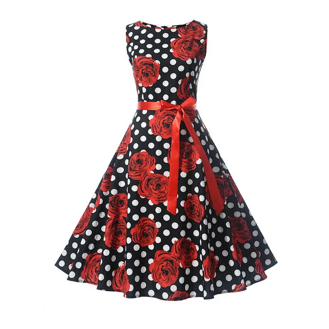CYAN Women Summer Dress 2018 Casual Floral Print Ball Gown Sleeveless Dress Vintage 50s 60s Party Dresses Female Vestidos 2XL