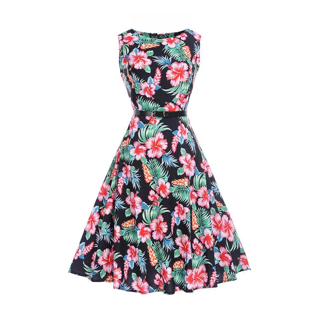 CYAN Women Summer Dress 2018 Casual Floral Print Ball Gown Sleeveless Dress Vintage 50s 60s Party Dresses Female Vestidos 2XL