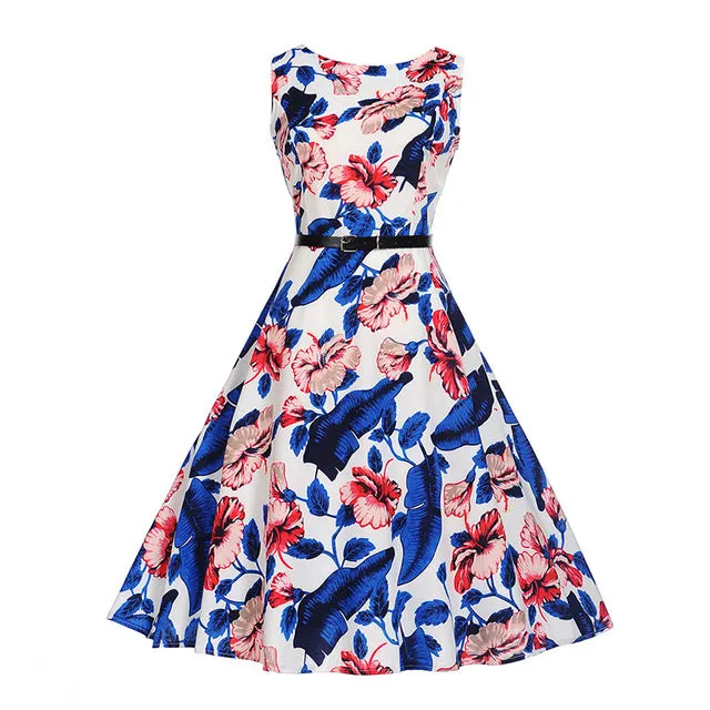 CYAN Women Summer Dress 2018 Casual Floral Print Ball Gown Sleeveless Dress Vintage 50s 60s Party Dresses Female Vestidos 2XL