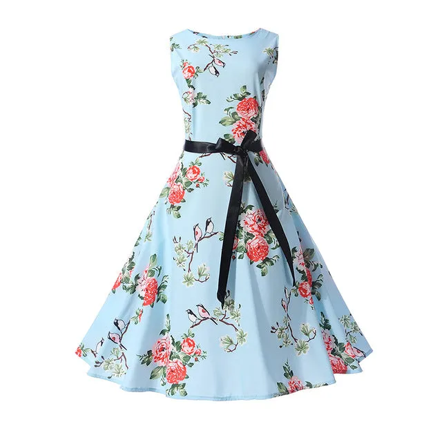 CYAN Women Summer Dress 2018 Casual Floral Print Ball Gown Sleeveless Dress Vintage 50s 60s Party Dresses Female Vestidos 2XL