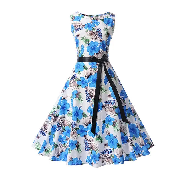 CYAN Women Summer Dress 2018 Casual Floral Print Ball Gown Sleeveless Dress Vintage 50s 60s Party Dresses Female Vestidos 2XL