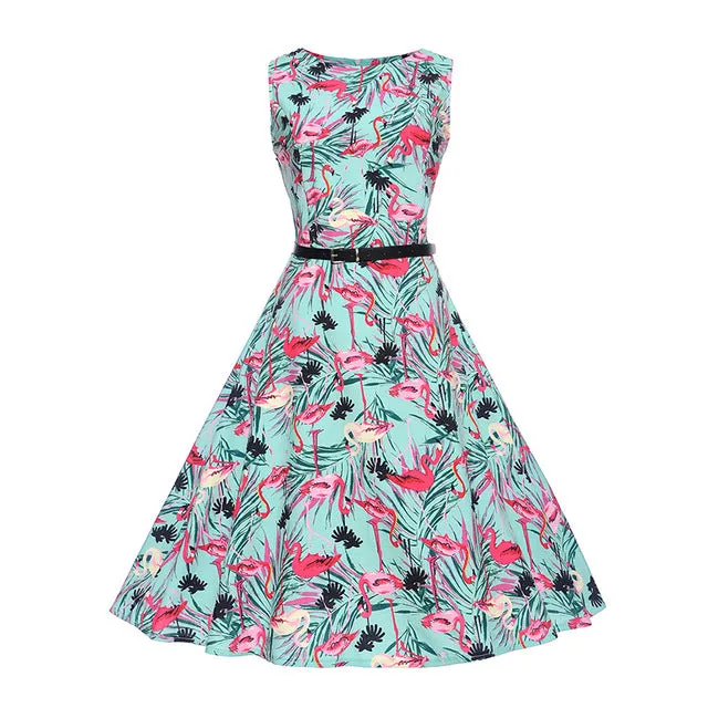CYAN Women Summer Dress 2018 Casual Floral Print Ball Gown Sleeveless Dress Vintage 50s 60s Party Dresses Female Vestidos 2XL