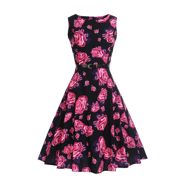 CYAN Women Summer Dress 2018 Casual Floral Print Ball Gown Sleeveless Dress Vintage 50s 60s Party Dresses Female Vestidos 2XL